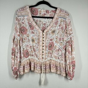 Spell And The Gypsy Long Sleeve Zahara Blouse Top Floral Metallic Tassel Medium